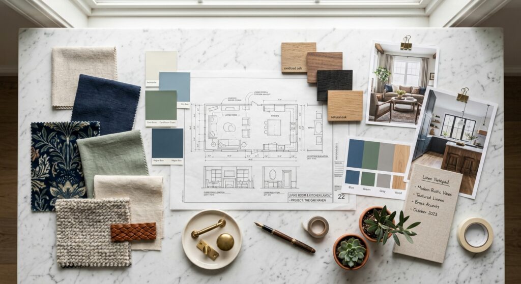 Overhead flat lay of interior design mood board with fabric swatches paint samples wood textures pla