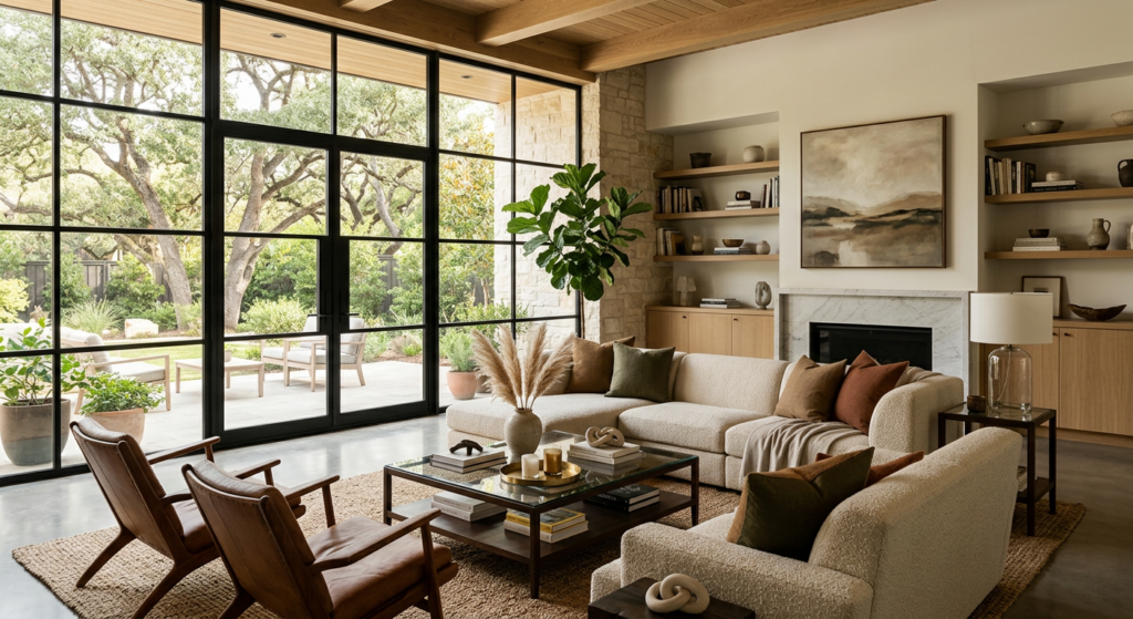 Elegant modern living room with large windows, natural light, designer furniture, earth tones, magaz