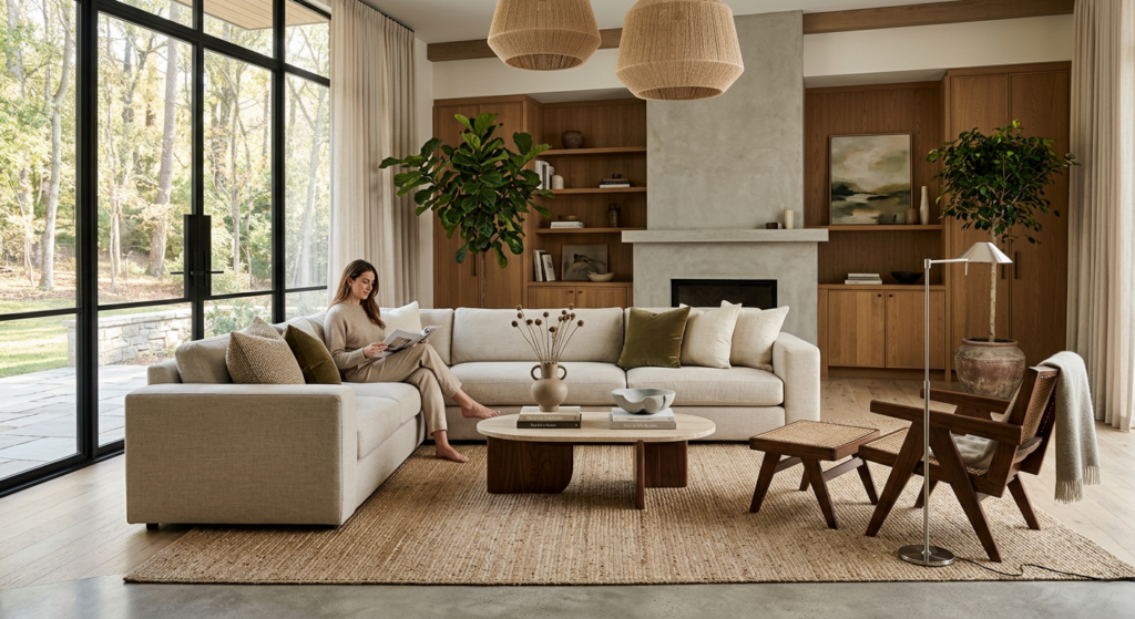 Elegant modern living room with large windows, natural light, designer furniture, earth tones, magaz