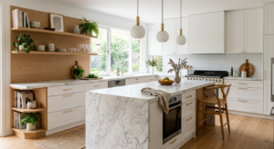 Stylish Scandinavian kitchen with marble countertops, wooden accents, pendant lights, interior desig