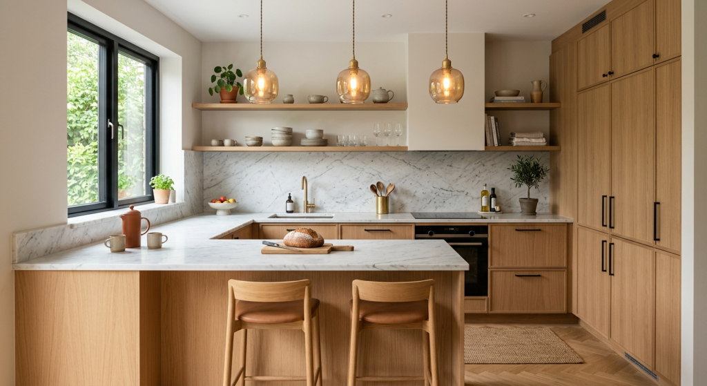 Stylish Scandinavian kitchen with marble countertops, wooden accents, pendant lights, interior desig