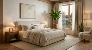 Luxurious minimalist bedroom with soft textiles, neutral palette, plants, warm ambient lighting, pro