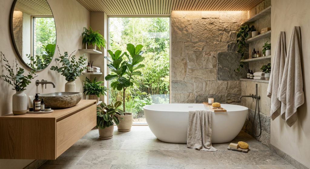 Beautiful contemporary bathroom with freestanding bathtub, natural stone tiles, greenery, spa atmosp