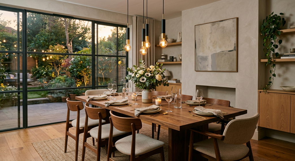 Modern dining room with large wooden table, designer chairs, pendant lighting, fresh flowers, warm e