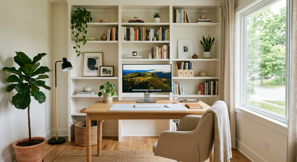 Bright home office with minimalist desk, bookshelves, large monitor, plants, natural wood, clean org