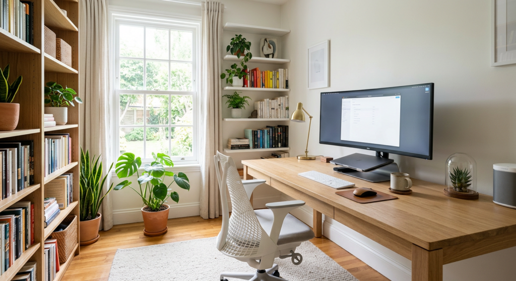 Bright home office with minimalist desk, bookshelves, large monitor, plants, natural wood, clean org