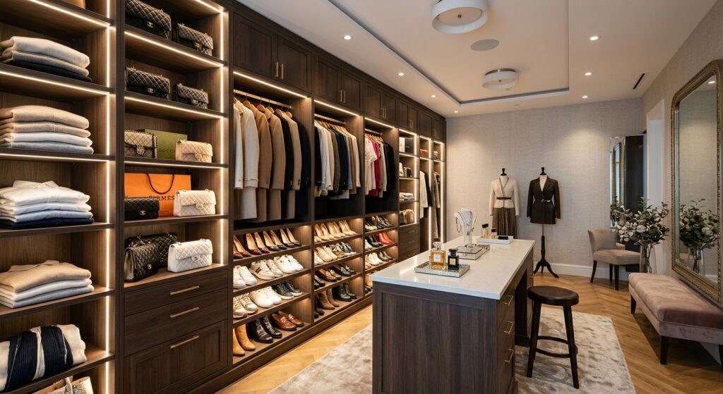 Luxurious walk-in closet with organized shelves, shoes, bags, soft lighting, modern design, editoria